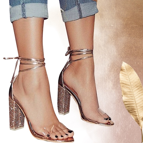 Ankle Strap Clear Peep Toe Gold Heel Pump Sandal - Picture 2 of 8